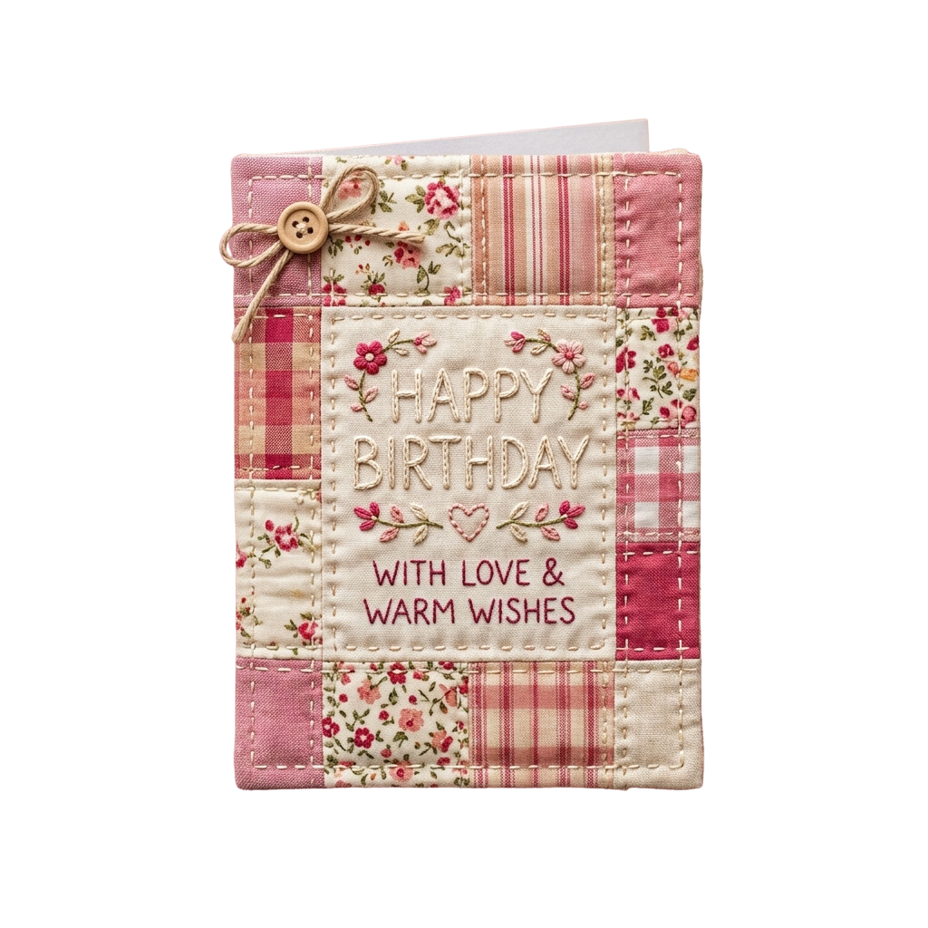 Handcrafted birthday card featuring embroidered floral patterns and heartfelt birthday wishes
