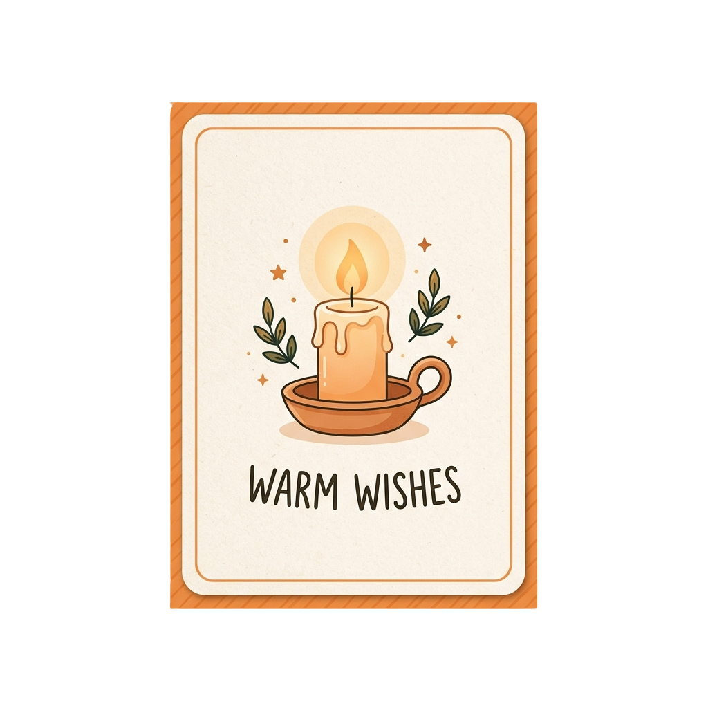 Illustration of a lit candle in a holder with greenery and stars, labeled Warm Wishes