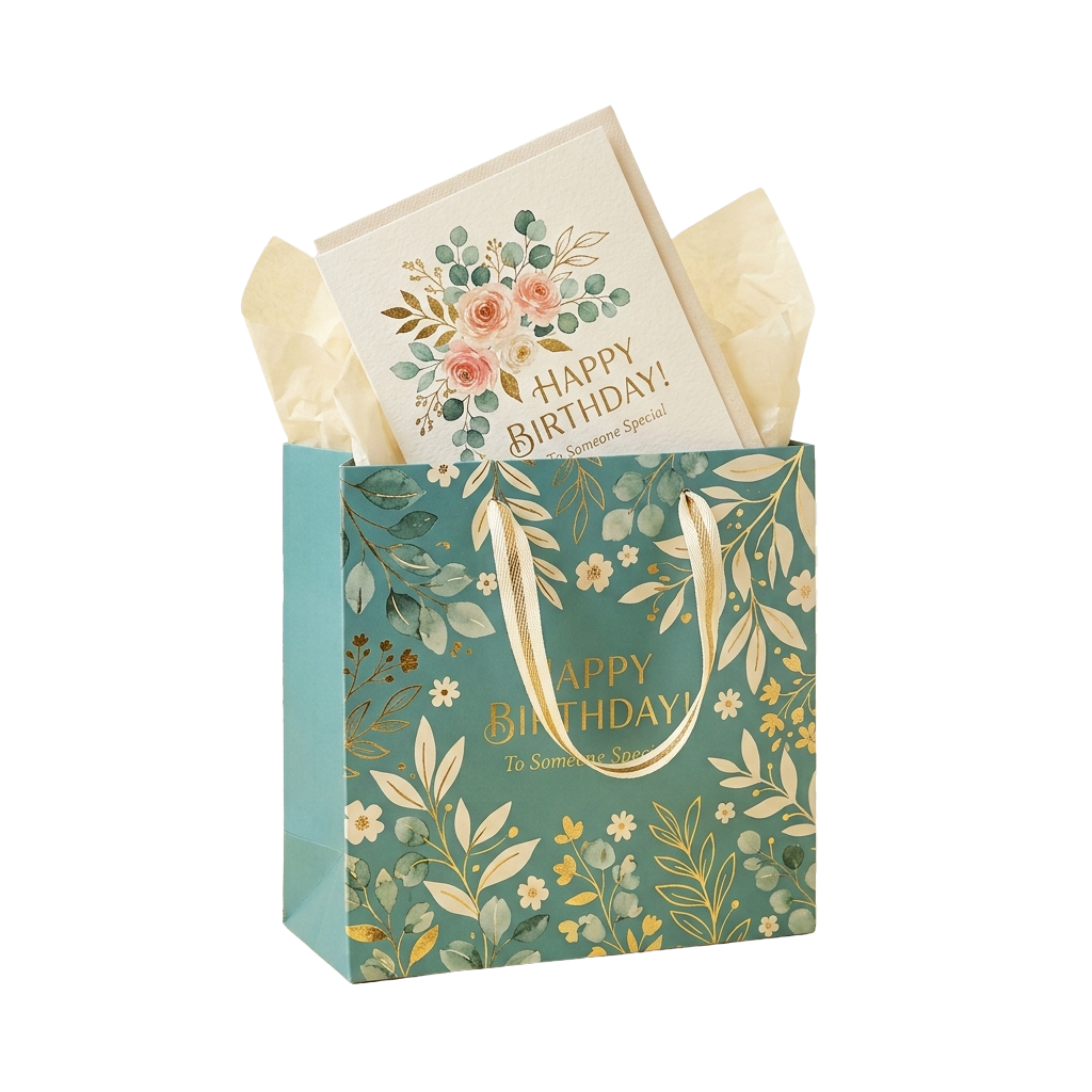 A teal gift bag with floral patterns and gold text reading Happy Birthday, containing a white card and tissue paper