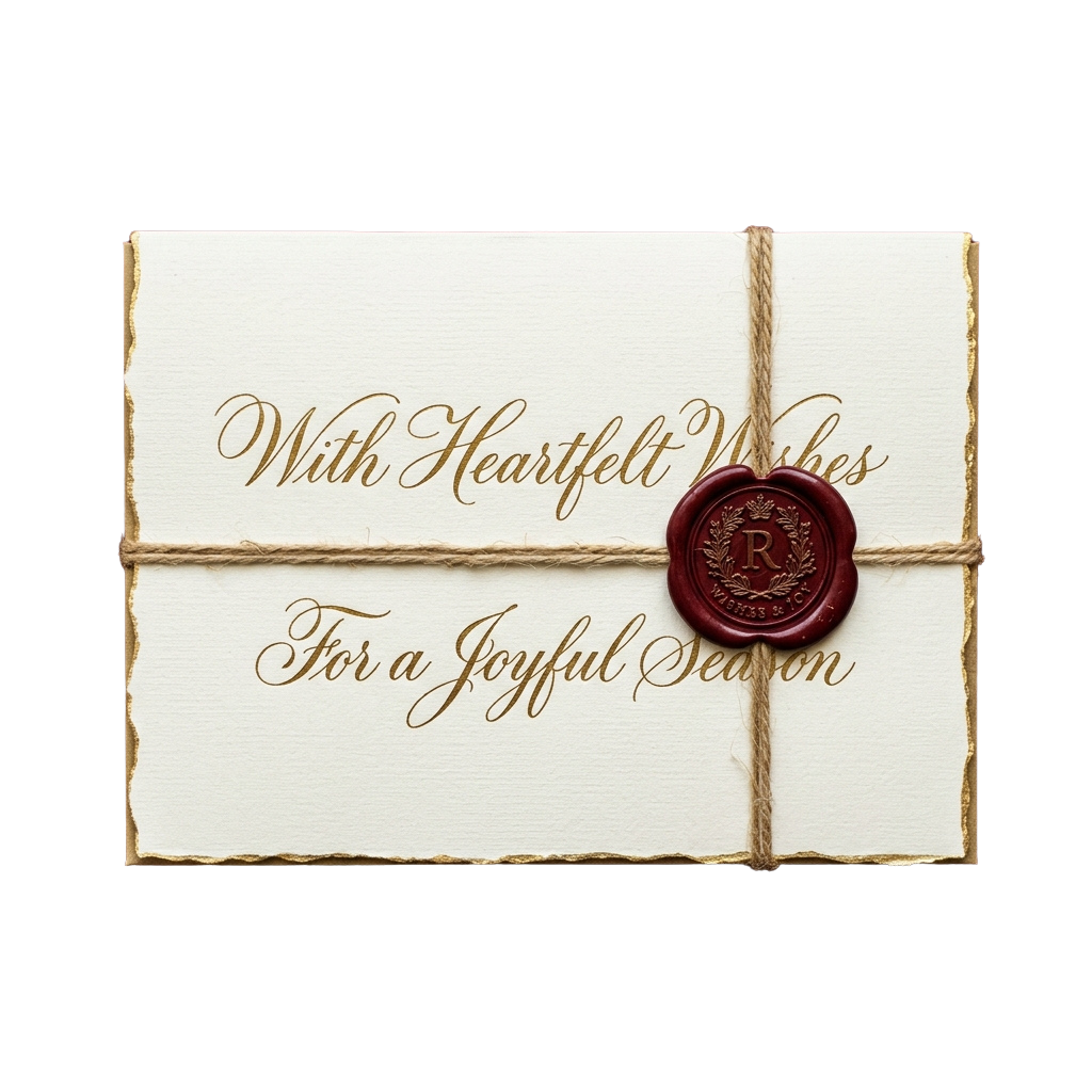Elegant gift tag with heartfelt holiday message and wax seal tied with twine