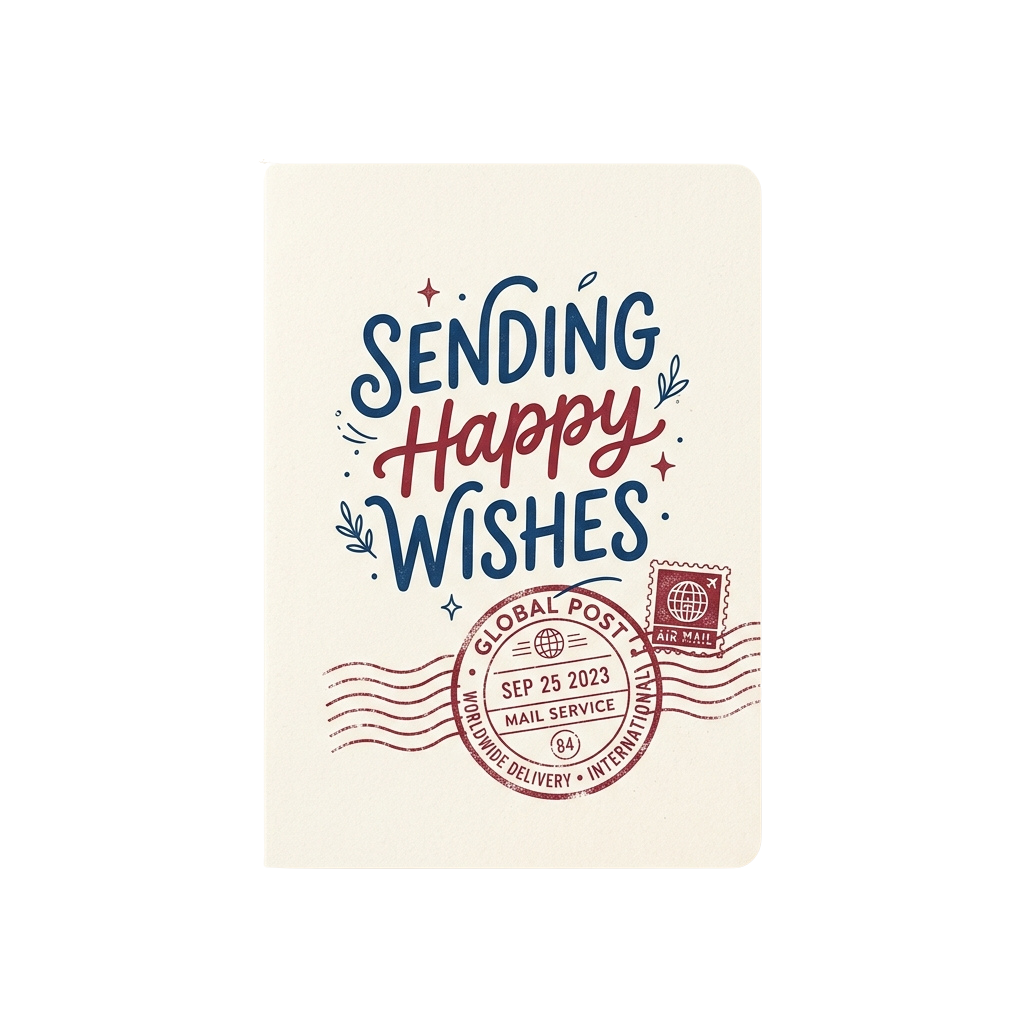 Notebook cover with text reading Sending Happy Wishes and a vintage-style global post stamp