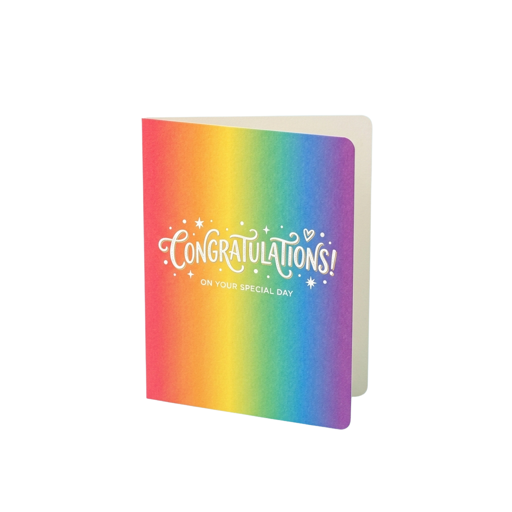 Colorful rainbow gradient notebook cover with Congratulations text and decorative stars