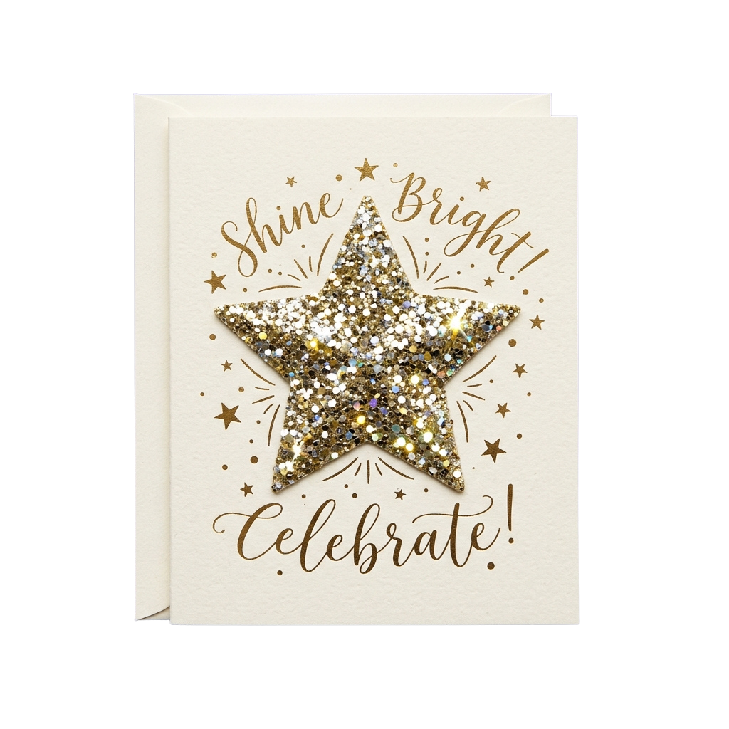 Greeting card featuring a glittery star with the words Shine Bright and Celebrate in elegant script