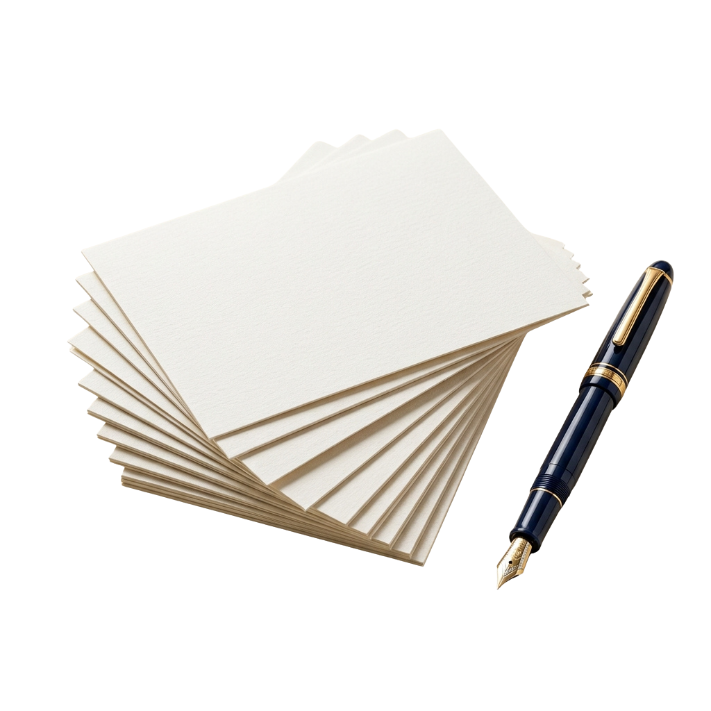 A stack of blank white paper and a sleek pen on a dark background