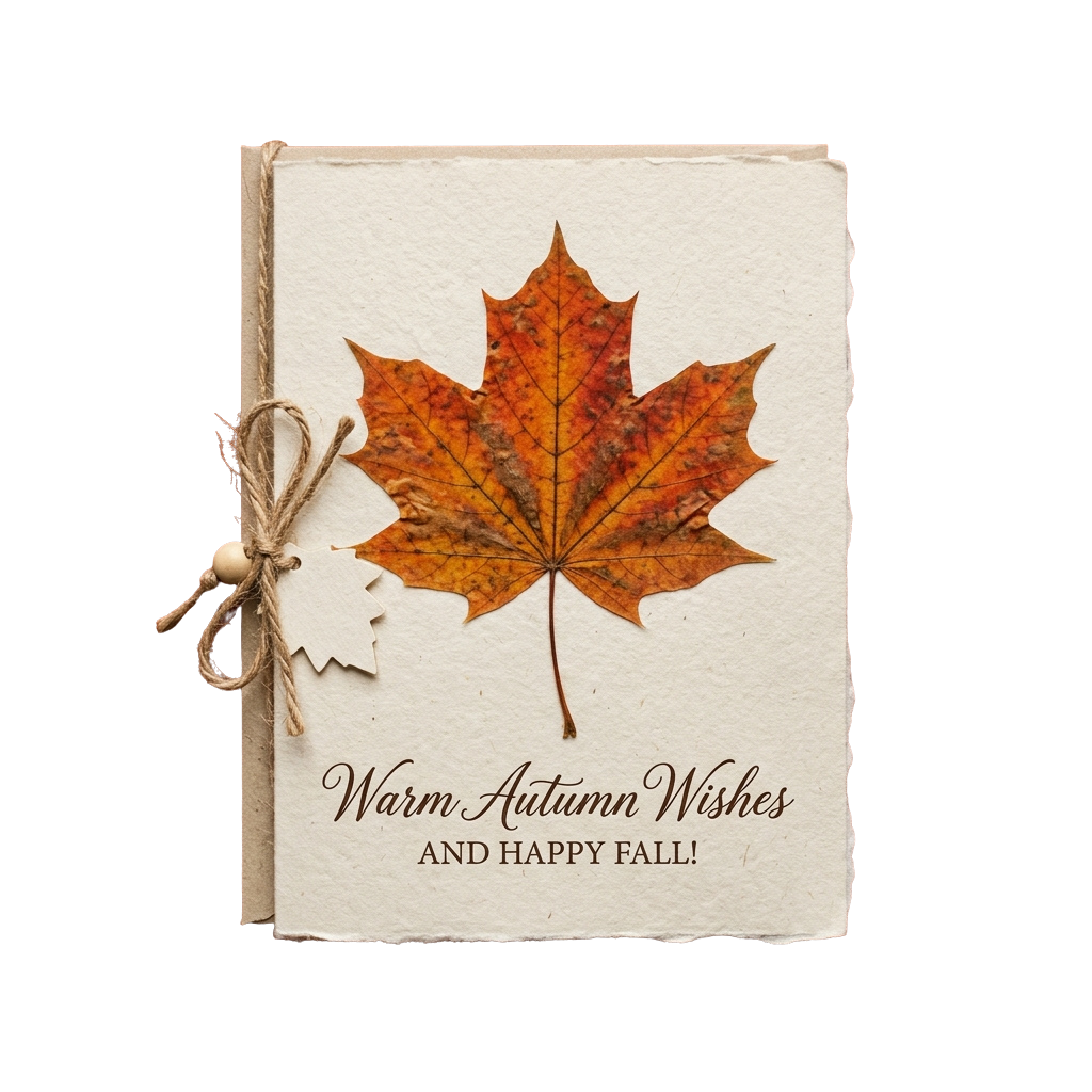 A card with a large autumn-colored maple leaf and twine closure, displaying Warm Autumn Wishes and Happy Fall text
