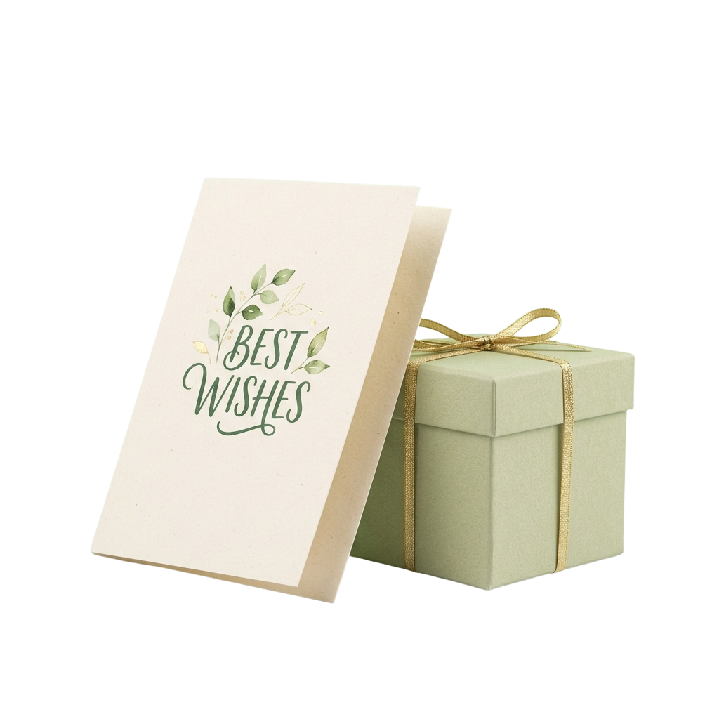 A light green gift box with a beige card that reads Best Wishes and decorative leaf designs, tied with a ribbon.