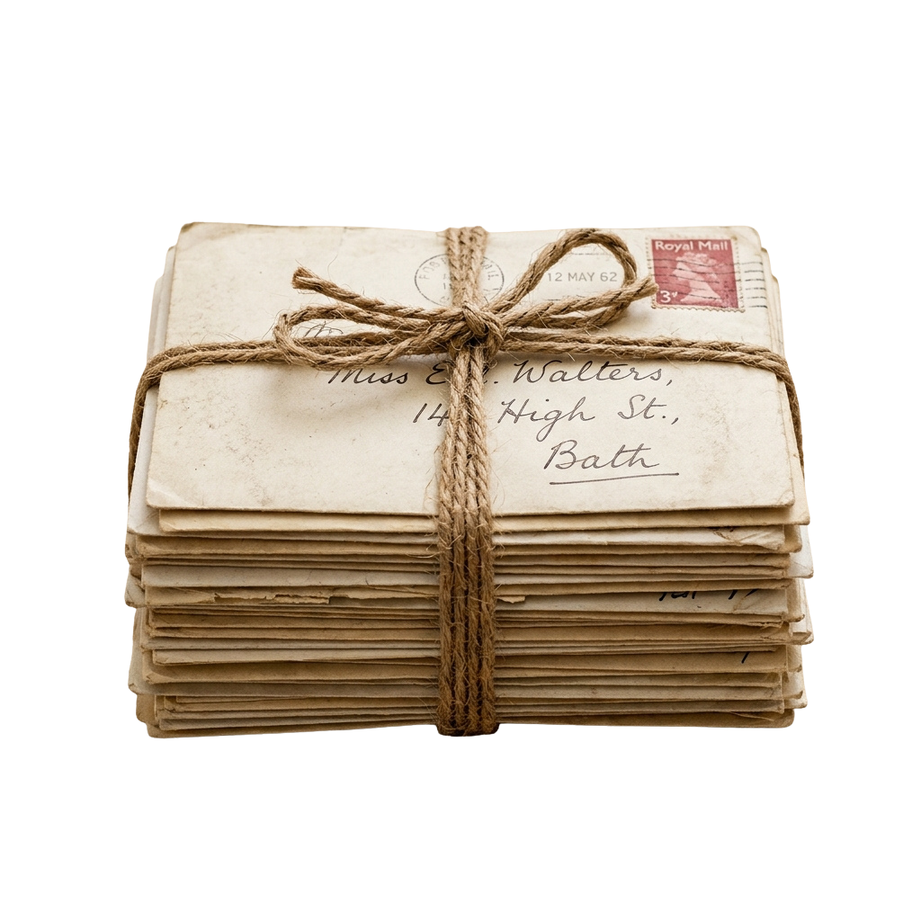 Stack of old letters tied together with twine, featuring a visible stamp and handwritten address.