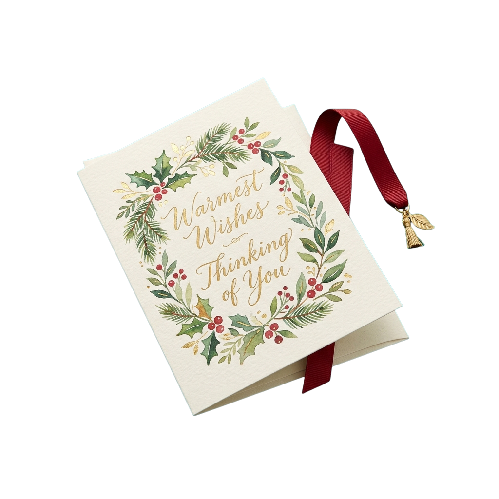 A white holiday card featuring a floral wreath design with berries and leaves, tied with a red ribbon.