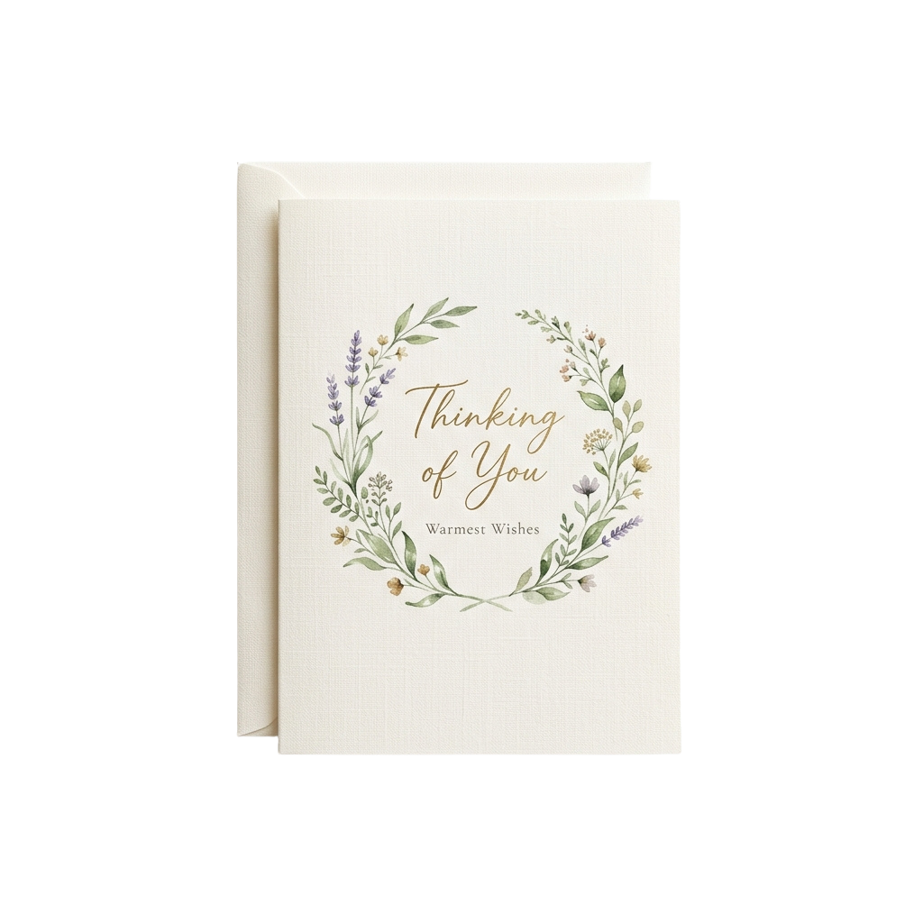 White card with floral wreath design and text reading Thinking of You Warmest Wishes