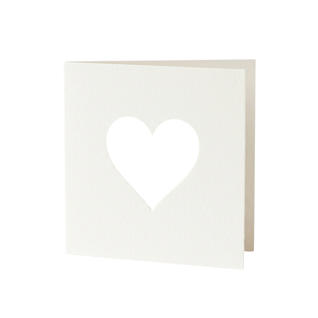A white card with a simple black heart shape centered on the front