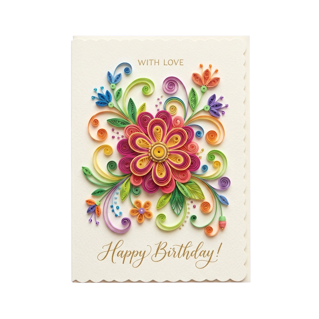 A birthday card featuring vibrant quilled paper flowers in pink, green, orange, and blue with the words With Love and Happy Birthday