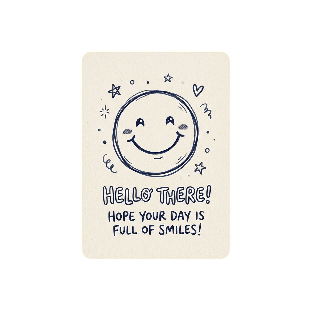 Illustration of a smiling moon face with stars and a cheerful greeting message