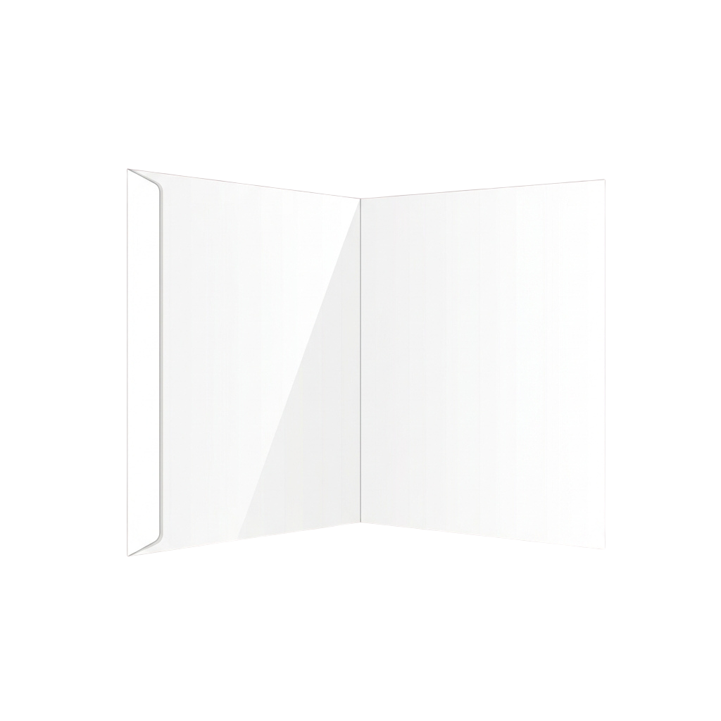 Two open white pages of a blank notebook with visible spine binding