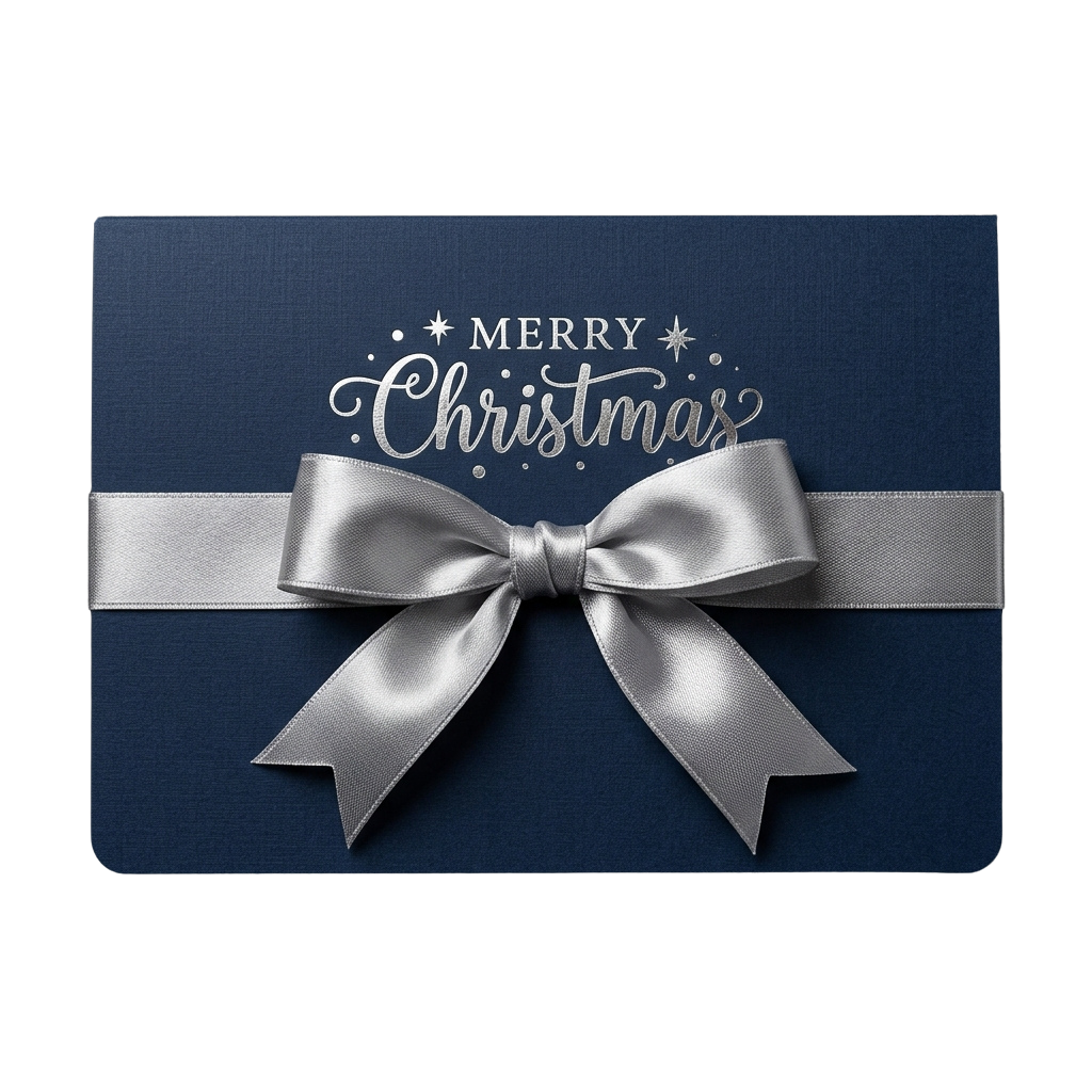 Dark blue gift box tied with a silver ribbon bow displaying Merry Christmas text in elegant cursive script
