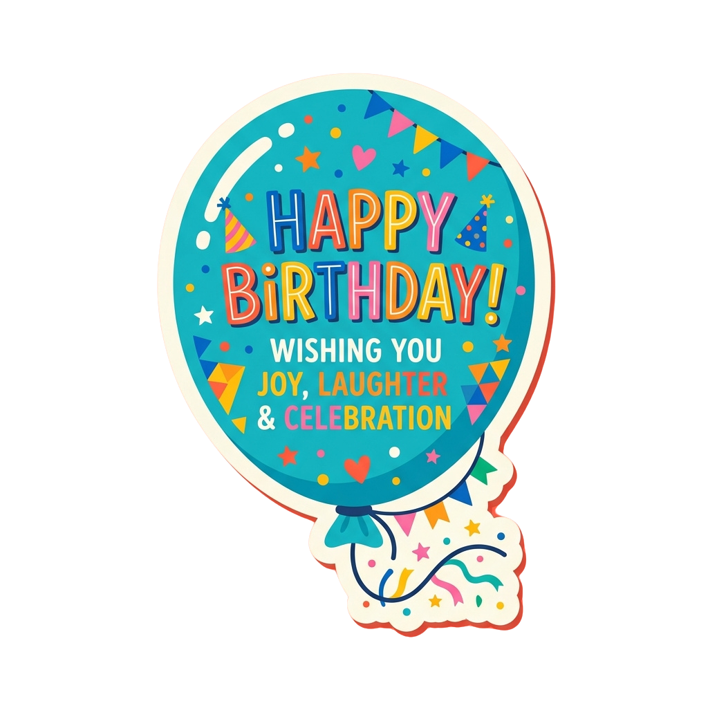 Colorful birthday balloon with joyful text and party decorations