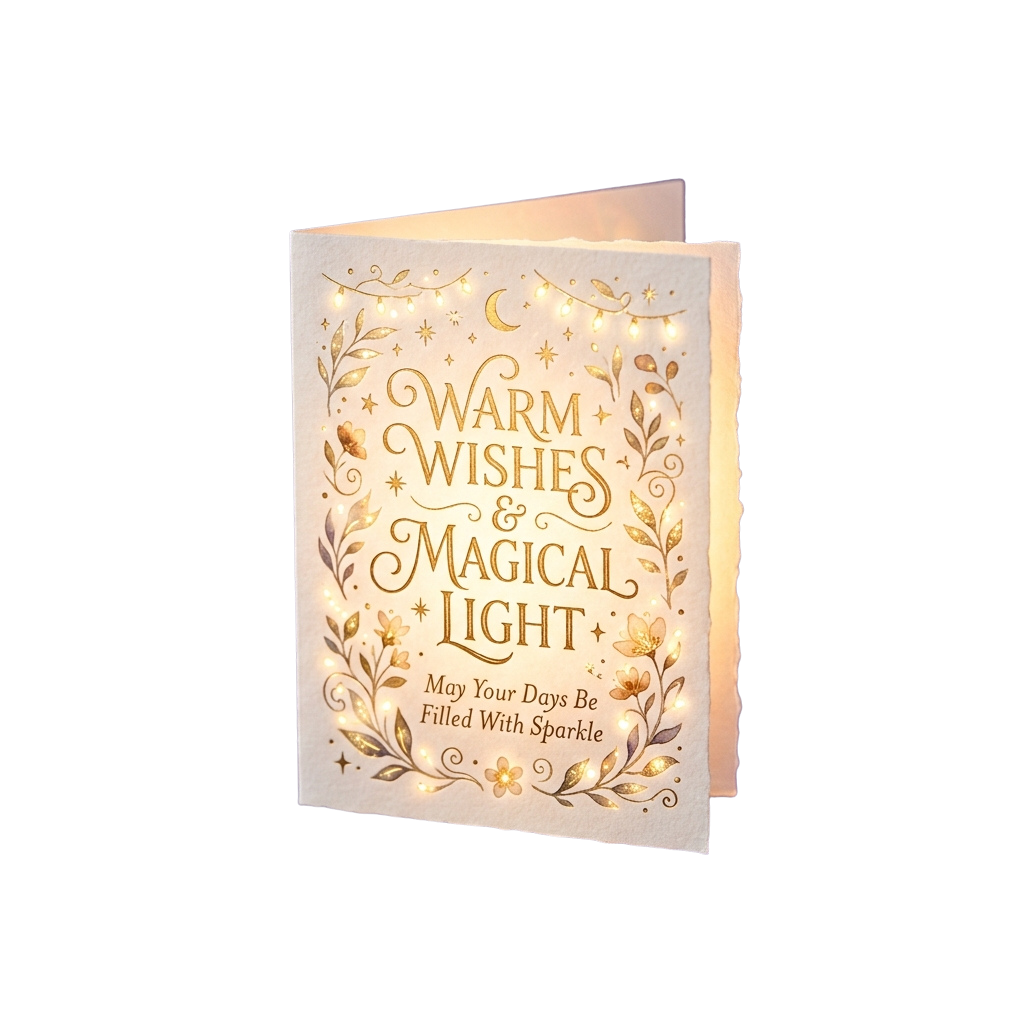Illuminated greeting card with golden text reading Warm Wishes and Magical Light surrounded by decorative floral patterns and small lights