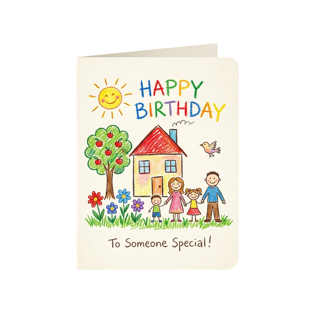 Colorful birthday card showing a smiling sun, house, family of four, tree with apples, flowers, and a bird