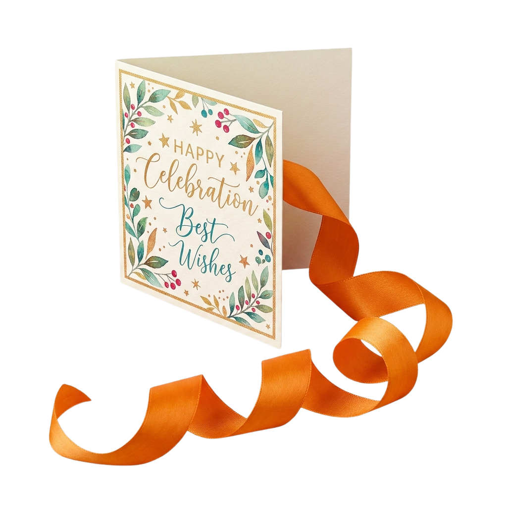 A decorative greeting card with floral designs and the text Happy Celebration Best Wishes, attached to an orange ribbon.