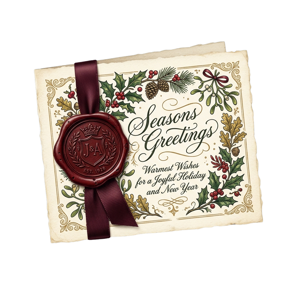 A vintage-style holiday card featuring a wax seal, ribbon, and festive holly designs with warm holiday wishes text.