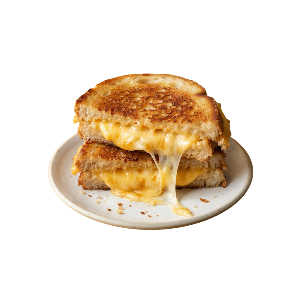 Close-up of a grilled cheese sandwich with melted cheese oozing out between two toasted bread slices on a white plate