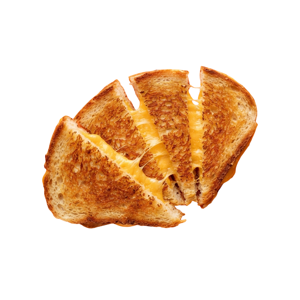 A close-up of a grilled cheese sandwich with golden-brown toasted bread and melted cheese in between