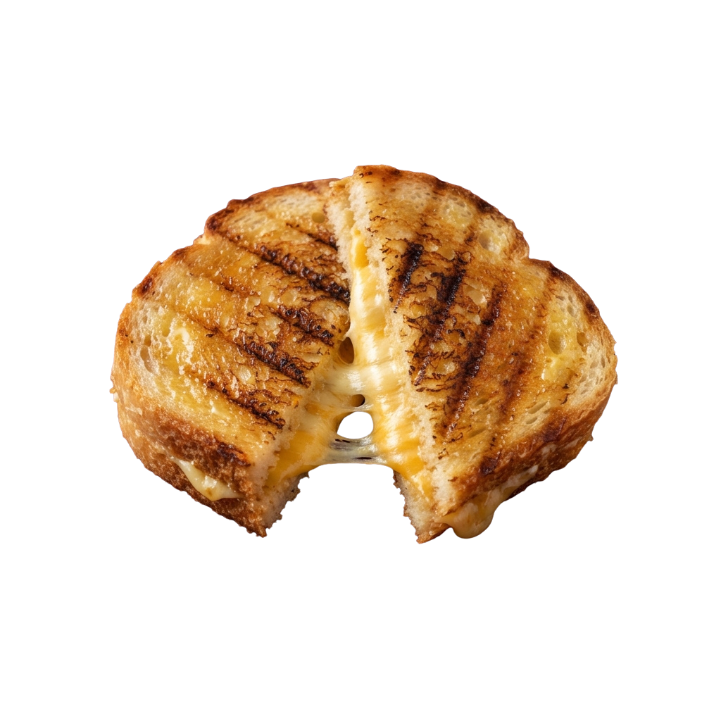 Grilled cheese sandwich with melted cheese oozing out between two toasted bread halves