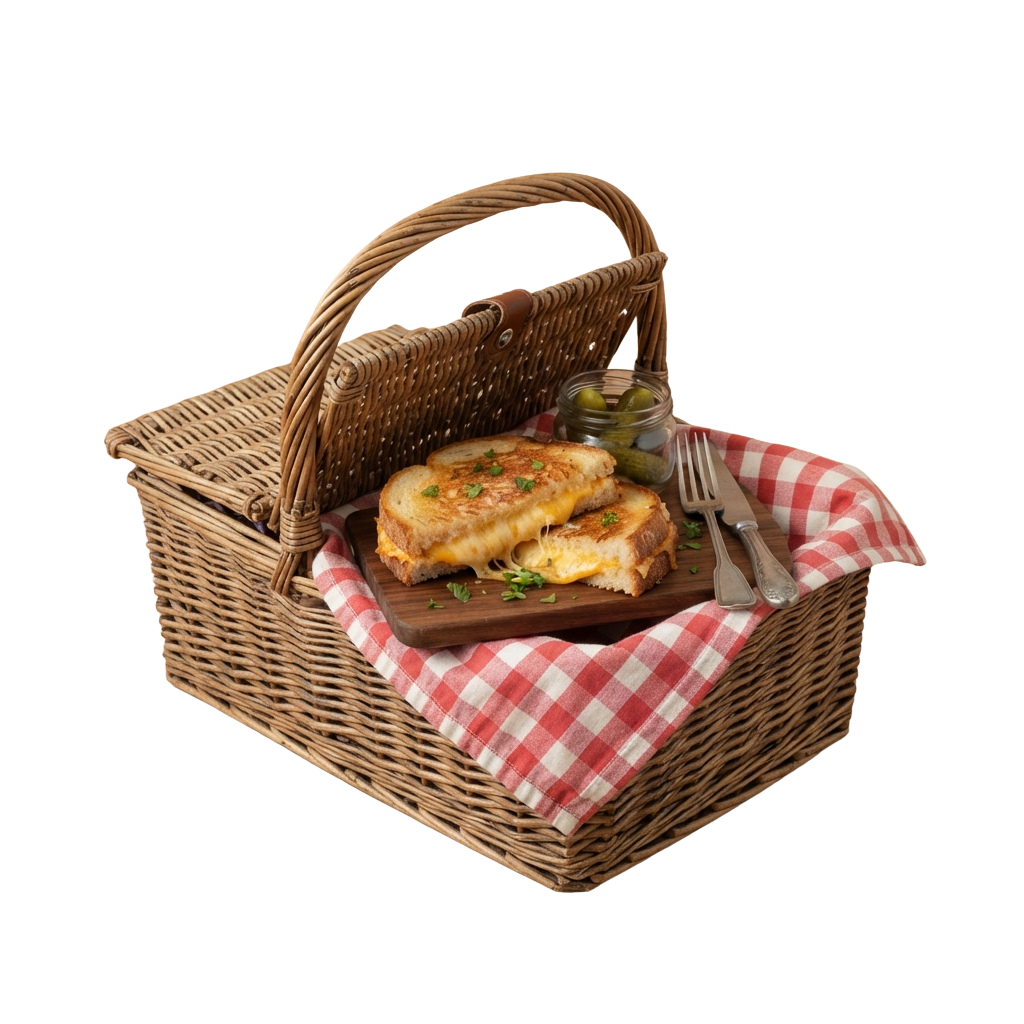 A woven picnic basket containing a grilled cheese sandwich, cutlery, pickles, and a red checkered cloth