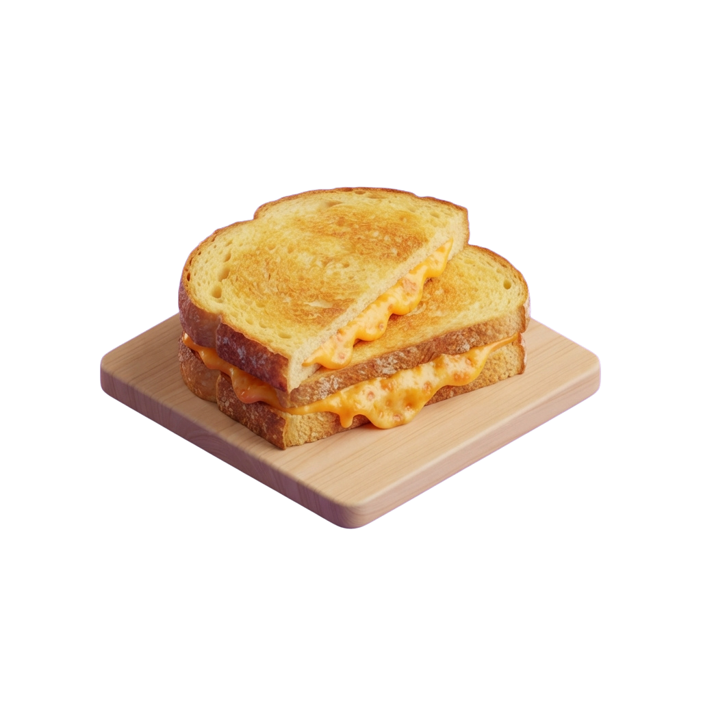 Two slices of toasted bread with melted cheese on a light wooden board
