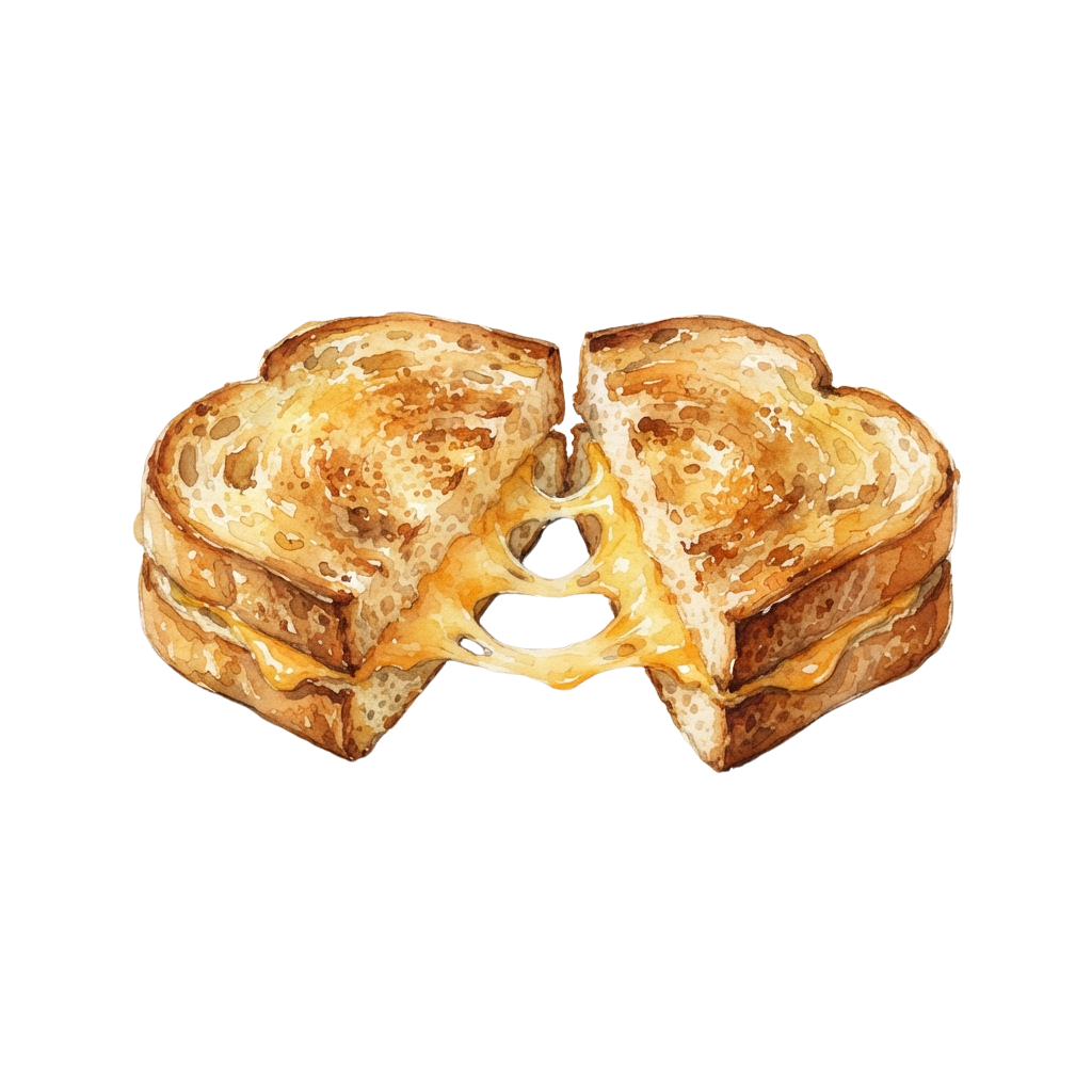 Two halves of a grilled cheese sandwich with melted cheese oozing out between toasted bread slices