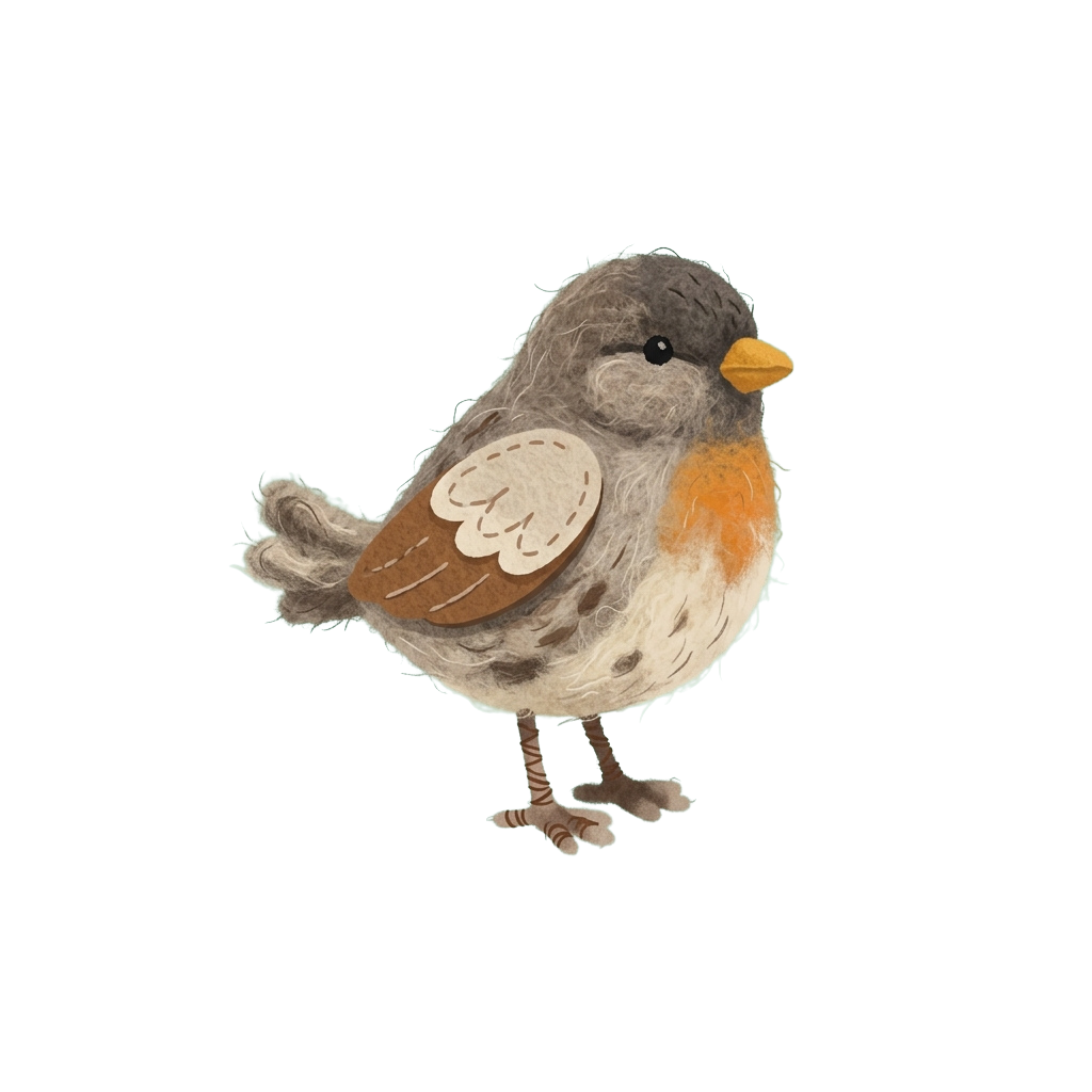 A fluffy cartoon European robin bird with brown and orange feathers standing on one leg against a black background