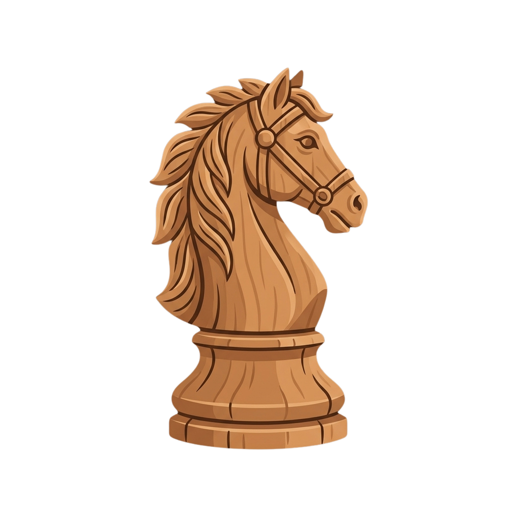 A detailed illustration of a brown wooden-style chess knight piece with flowing mane and bridle