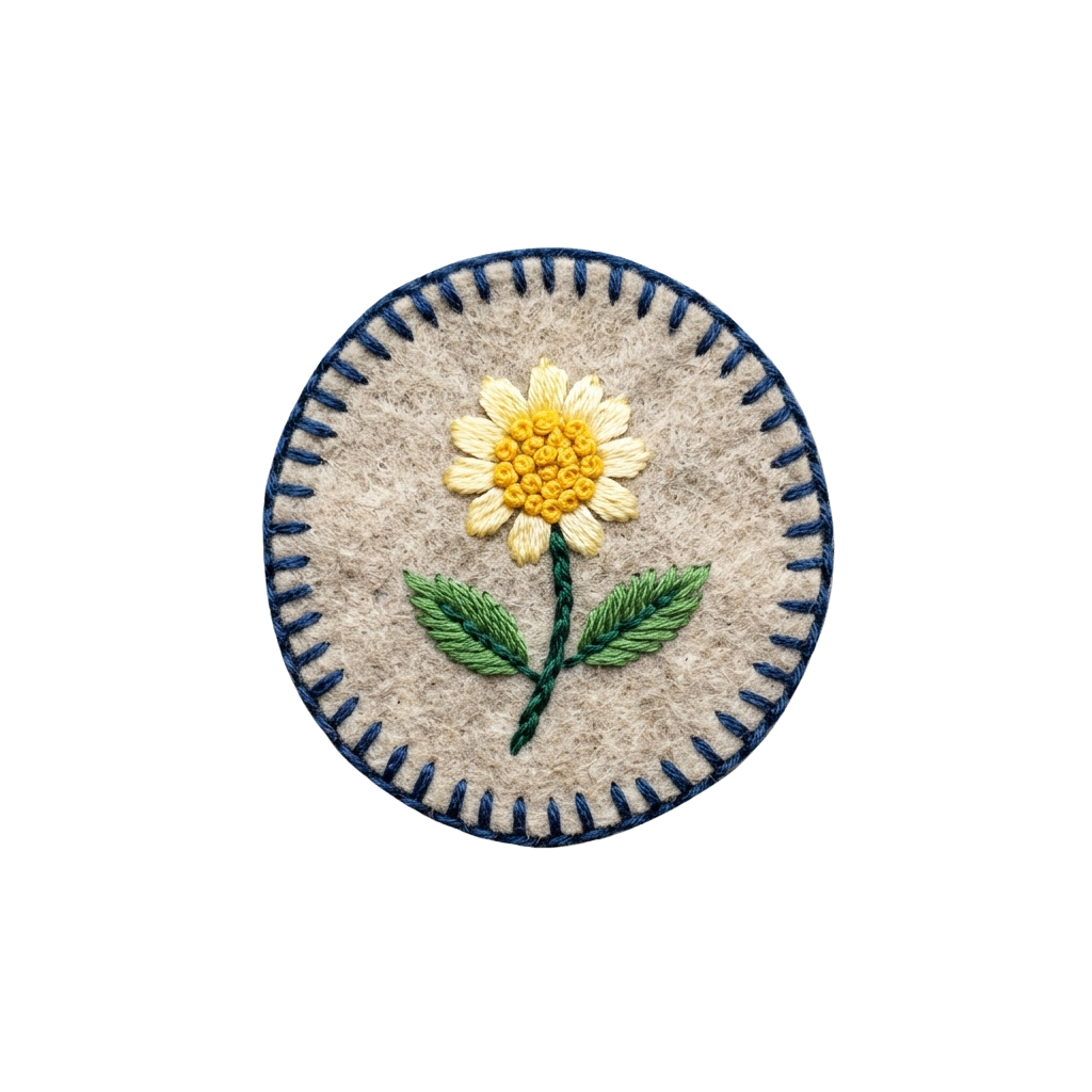Round patch featuring a yellow embroidered flower with green leaves and a blue scalloped edge