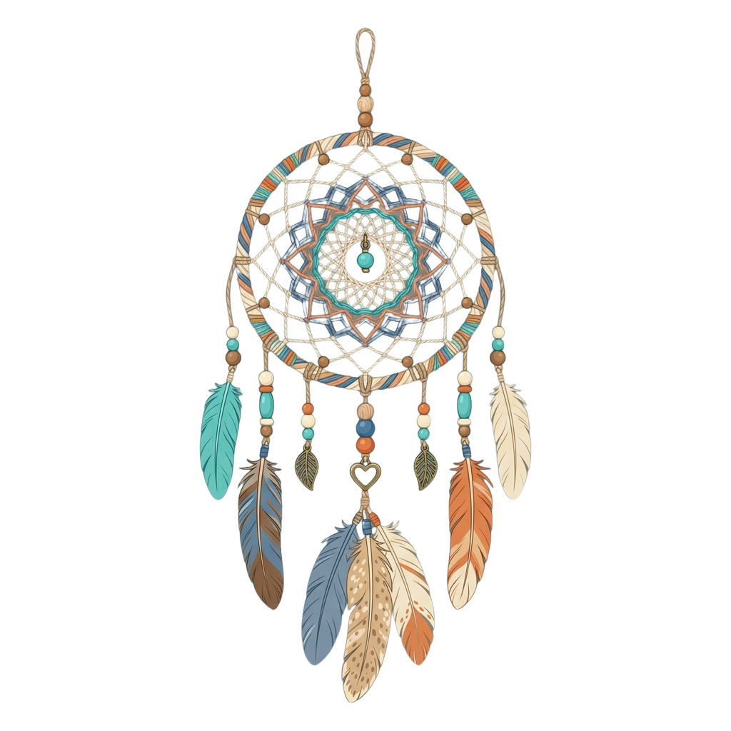 Dreamcatcher with intricate web design, colorful beads, and five hanging feathers in turquoise, white, and brown tones