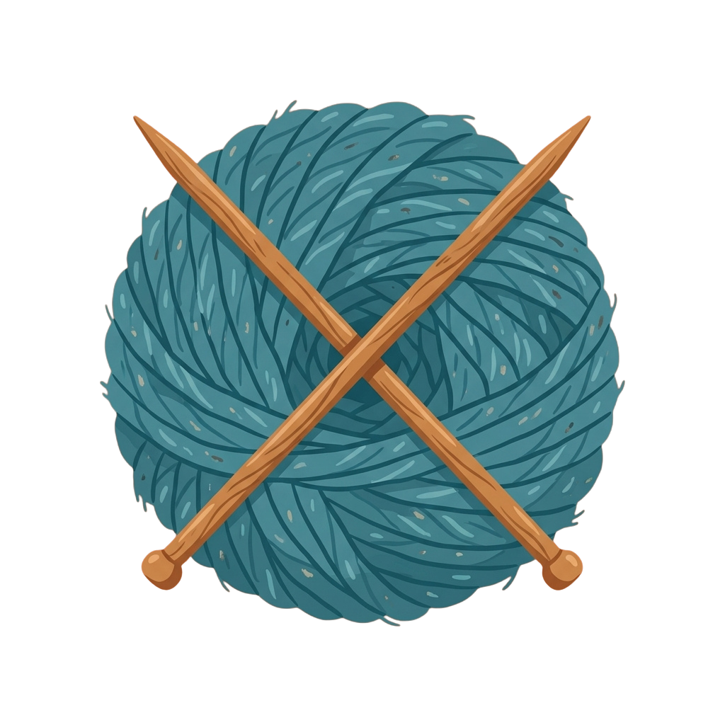 A ball of blue knitting yarn with two wooden knitting needles crossed over it