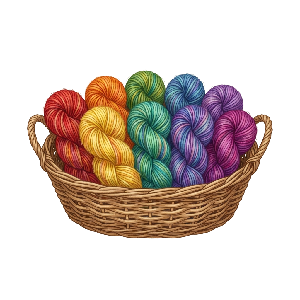 A woven basket filled with seven balls of yarn in rainbow colors including red, orange, yellow, green, blue, and purple