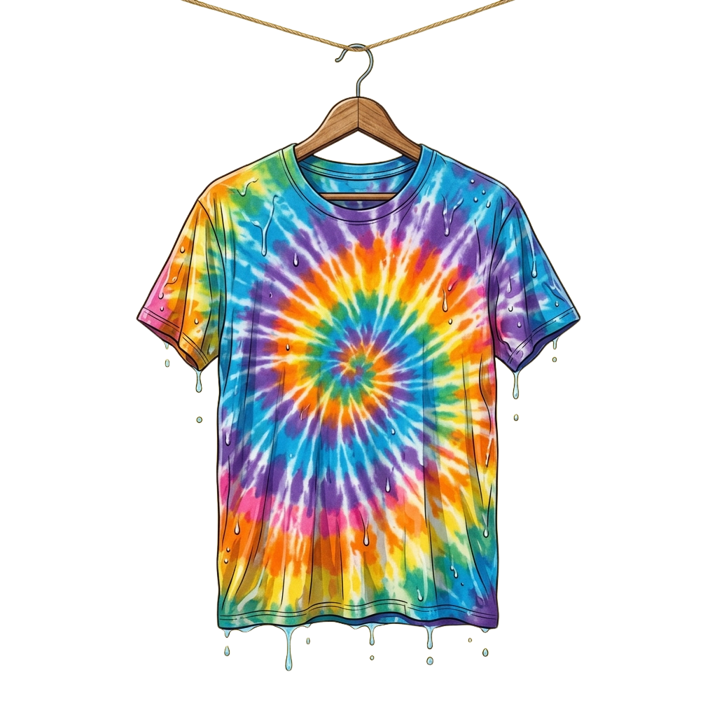 A tie-dye T-shirt with vibrant swirls of blue, orange, yellow, and purple hanging on a hanger with dripping water effects.
