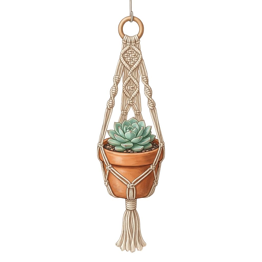 A macrame hanging planter holding a small succulent plant suspended against a dark background