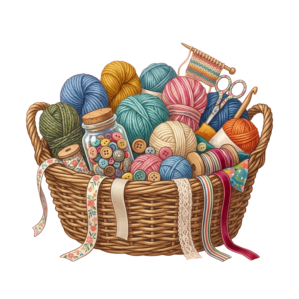 Woven basket filled with colorful yarn balls, buttons, scissors, crochet hooks, and lace ribbons
