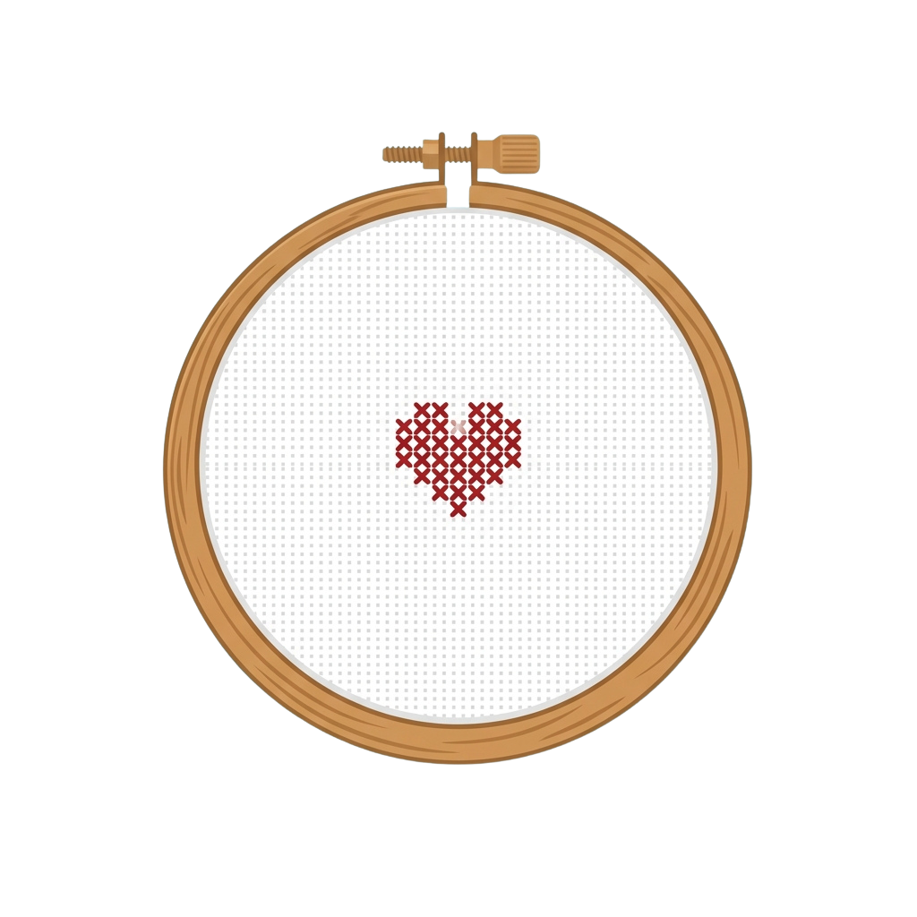 An embroidery hoop with a white fabric background and a red cross-stitched heart pattern in the center