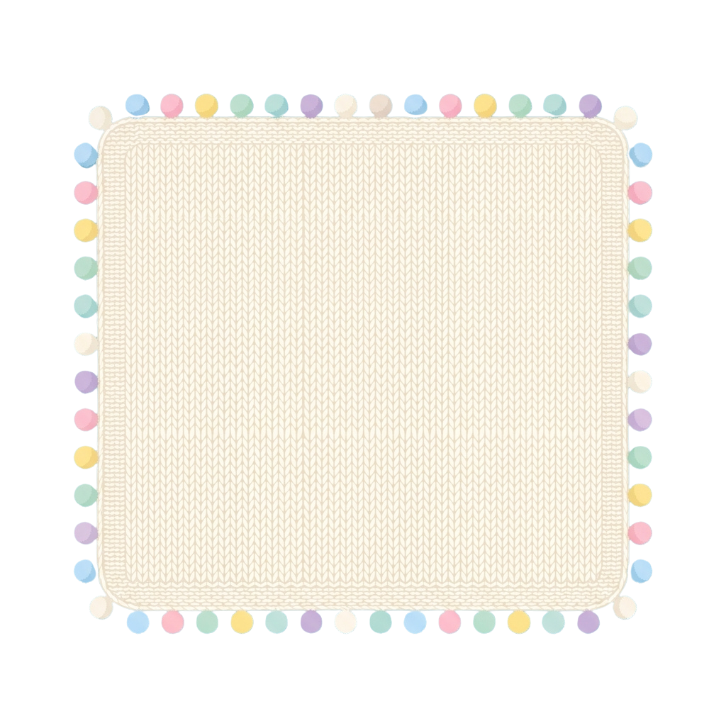 Square knitted or crocheted blanket with a border of multicolored pom poms.