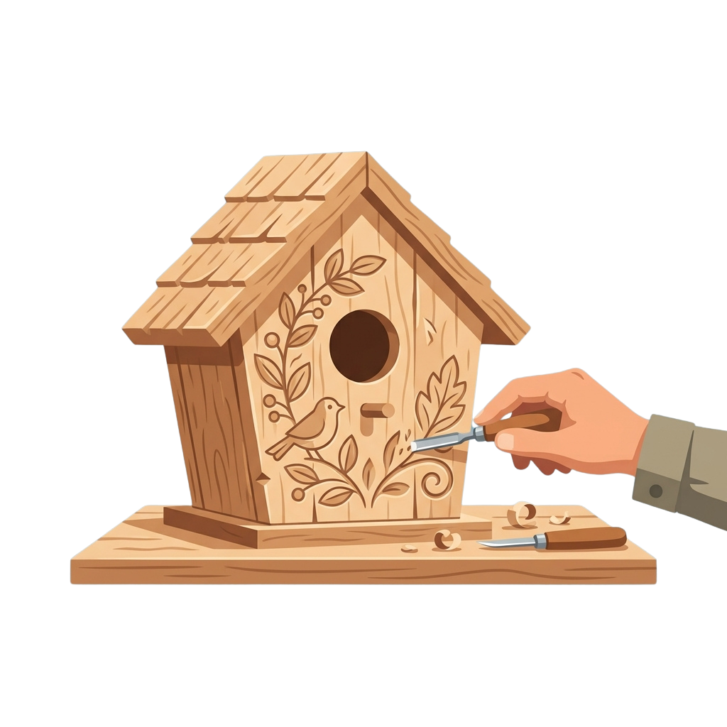 A hand assembling a wooden birdhouse with intricate carved leaf patterns and a bird illustration on the front.