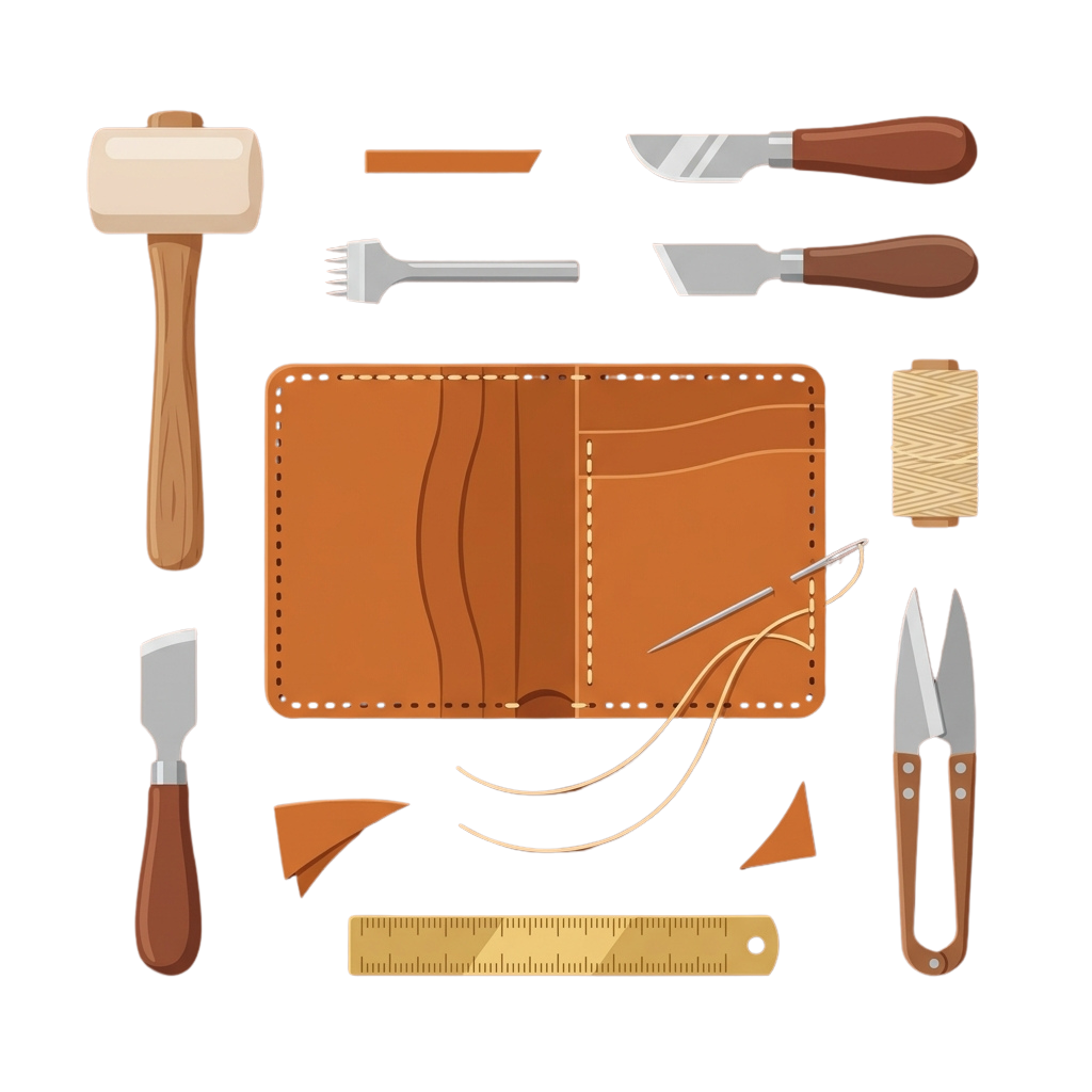Illustration of leatherworking tools including mallet, awls, needles, thread, knives, ruler, and scissors on a black background