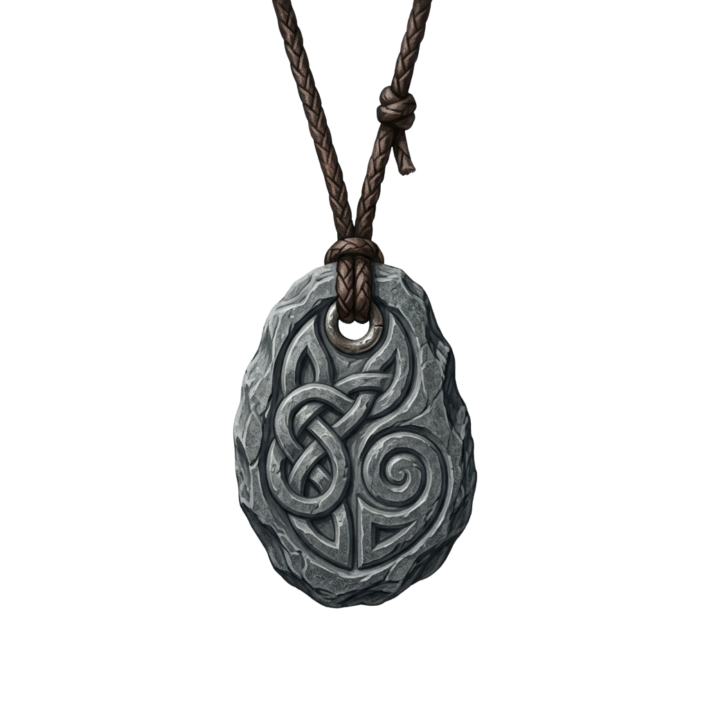A stone pendant featuring intricate Celtic knot designs, hanging from a braided cord necklace.