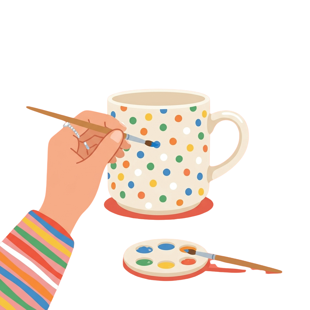 A hand painting a white polka dot mug using a watercolor brush and palette.