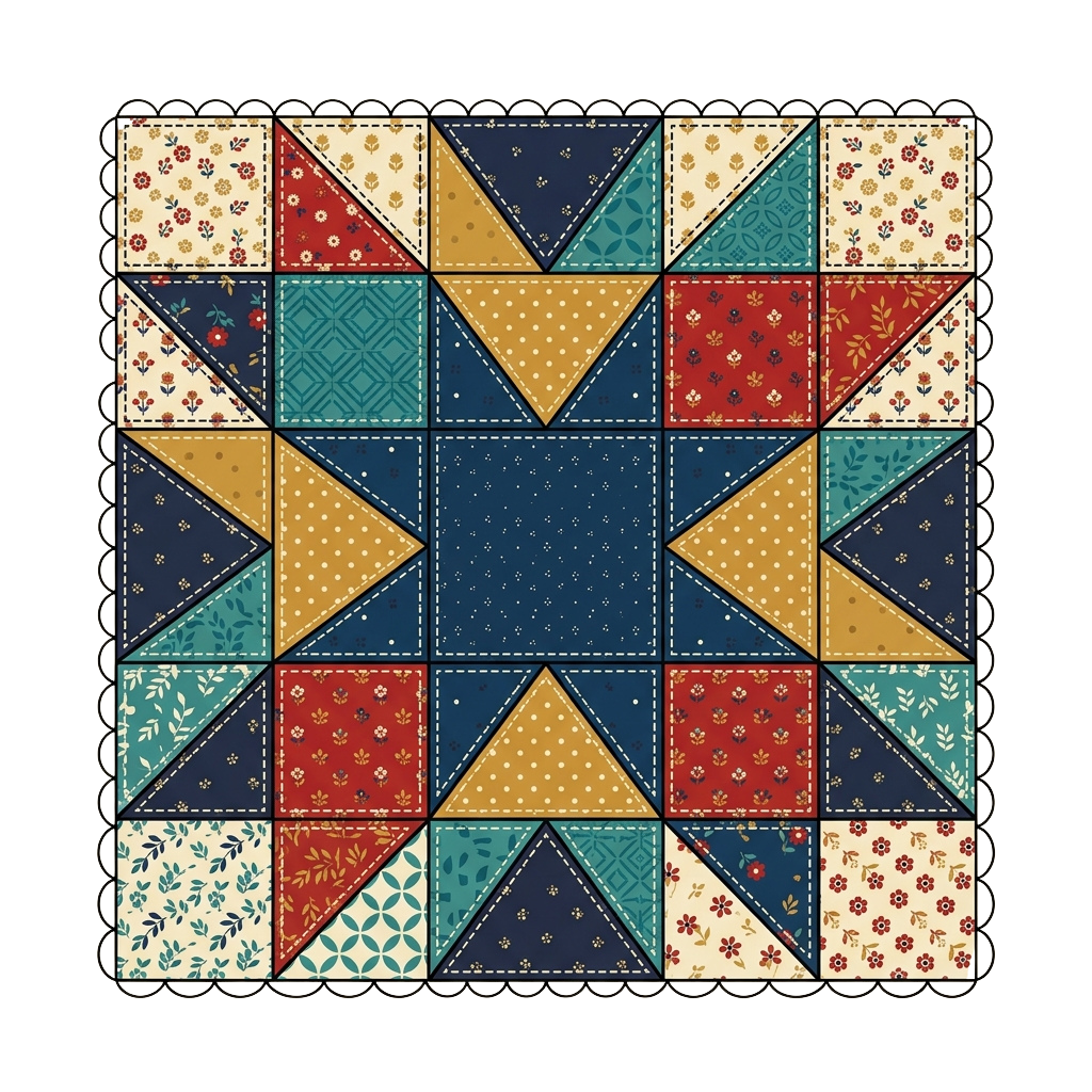 A quilt featuring a symmetrical patchwork design with floral and geometric patterns in various colors