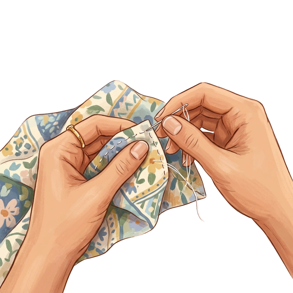 Two hands sewing floral patterned fabric with a needle and thread