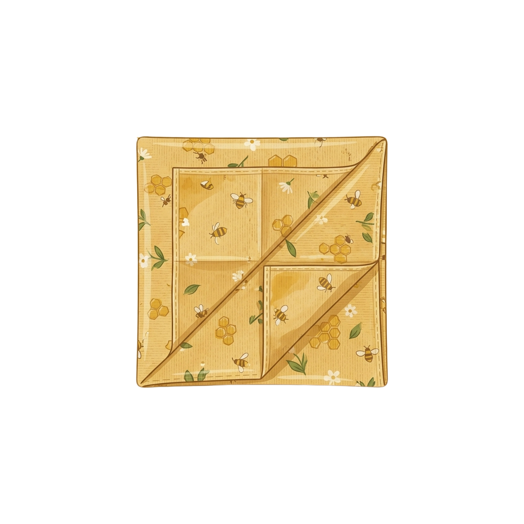 A beige fabric tray with four compartments, decorated with bees, flowers, and honeycomb patterns.