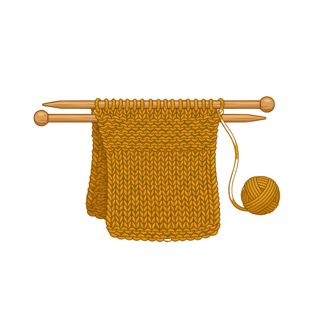 Two wooden knitting needles holding a knitted yellow fabric swatch with a ball of yellow yarn beside it