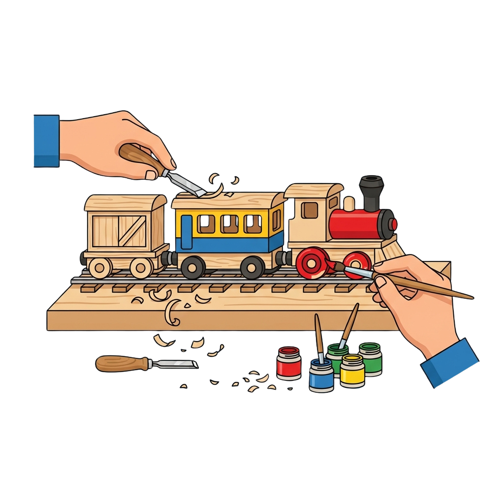 Two hands painting and assembling a wooden toy train set with paintbrushes and paint jars.