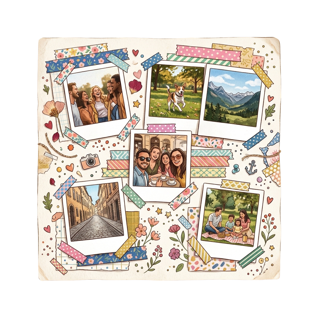 Decorative blanket with six framed illustrations of happy families and scenic landscapes surrounded by ribbons, flowers, and hearts